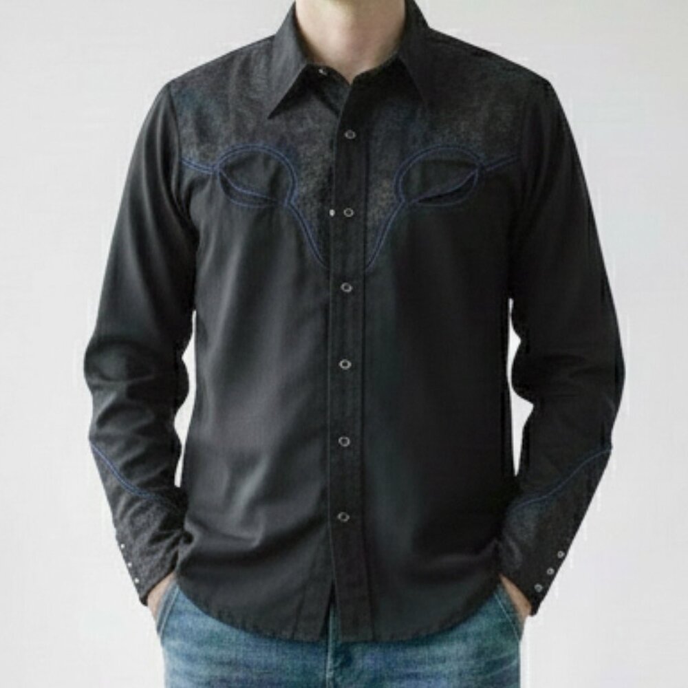 Vintage Dee Cee Western Cowboy Pearl Snap Shirt Black Floral Embroidered Men's M